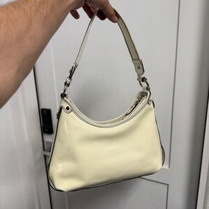 Salvatore Ferragamo Patent Leather Hobo Bag Cream White Shoulder Bag Silver tone
